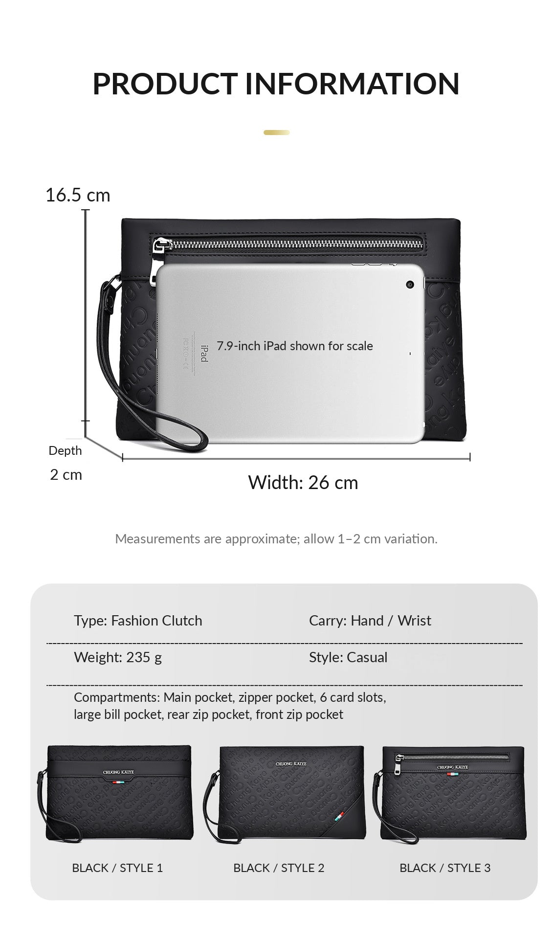 RUILU Designer Embossed Leather Men's Clutch Bag